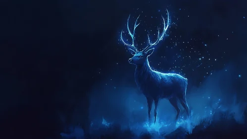 Glowing Deer in Dark Blue Night