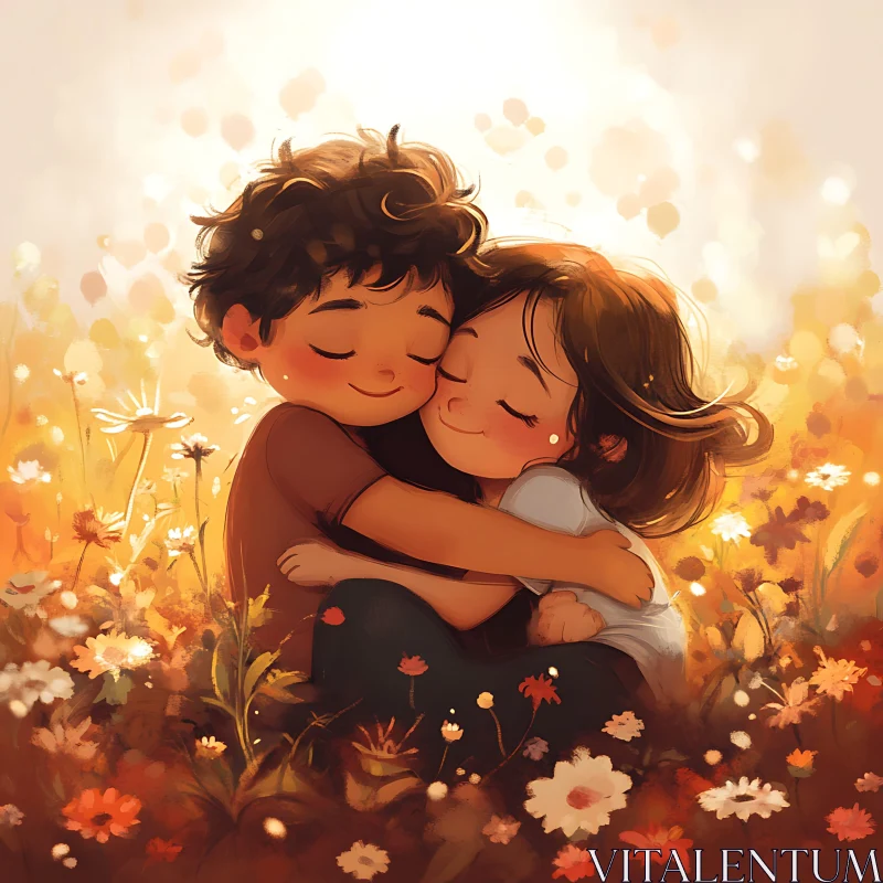 Kids Hugging in Flower Field Artwork AI Image