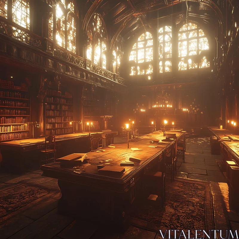 AI ART Sunlit Library with Antique Books and Tables