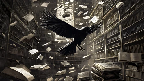 Black Raven Soaring Through a Library