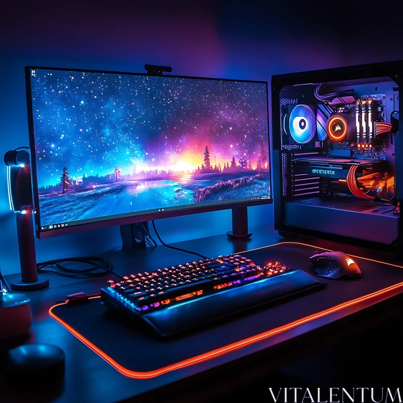 Sleek Gaming Desk with Modern PC and RGB Accents AI Image