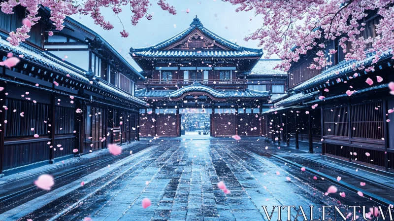 Blossoms on Japanese Architecture AI Image