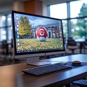 Sleek Desktop Computer with Campus-Themed Wallpaper in Office