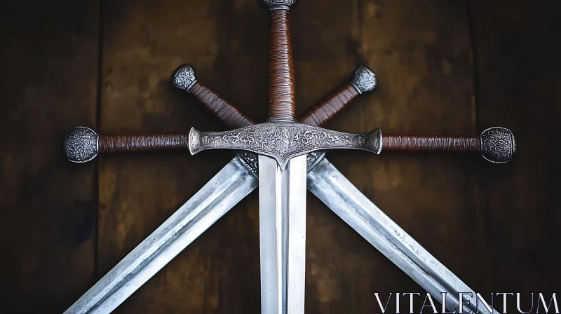 Three Swords Crossed on Wooden Backdrop AI Image