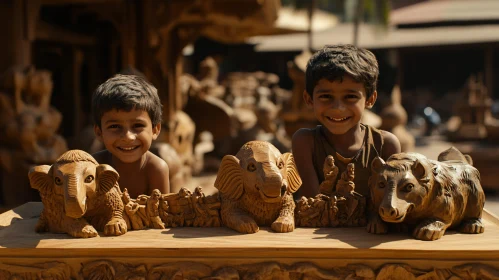 Kids and Carved Animals AI Image