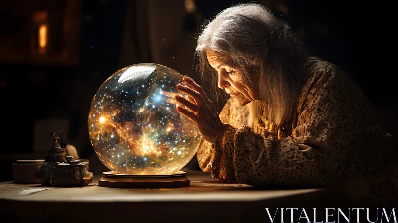 Elder Woman and the Cosmic Sphere AI Image