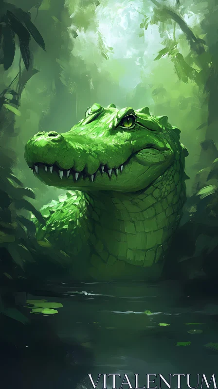 Crocodile in Green Jungle AI Image