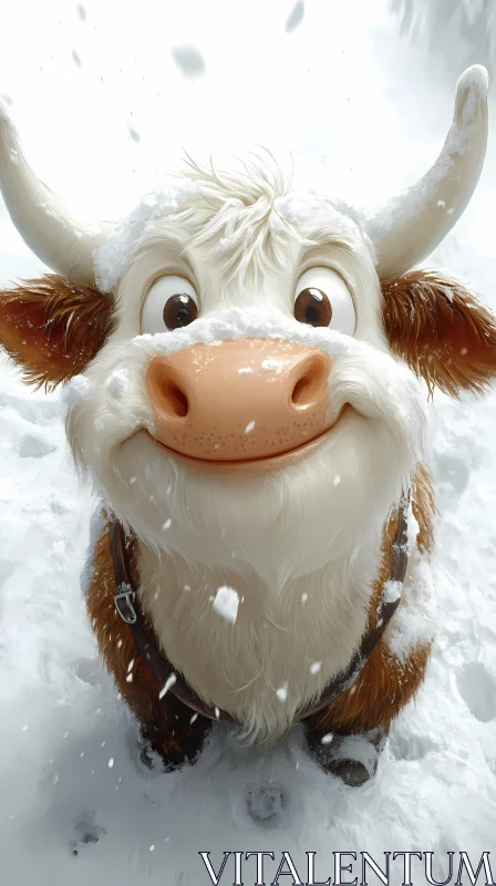 Joyful Cow in Winter Snow AI Image