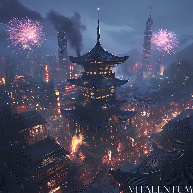 Illuminated Pagoda in a Night City AI Image