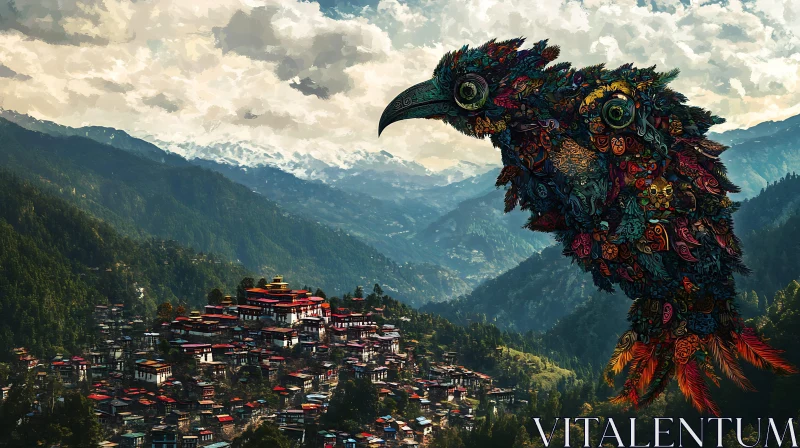 Ornate Bird Overlooking Mountain Settlement AI Image