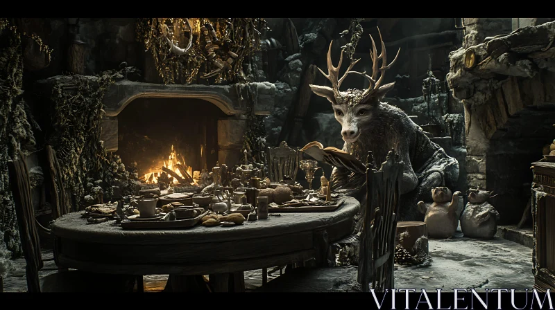 Antlered Reader by the Hearth AI Image