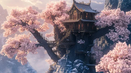 Asian Architecture Treehouse With Blossoms