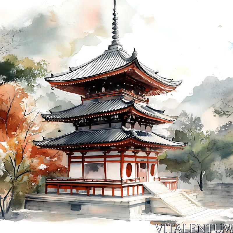 Traditional Pagoda in Watercolor Style AI Image