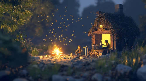 Fireflies Cabin Campfire Night