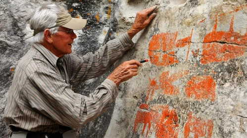 Man Inspecting Ancient Rock Art