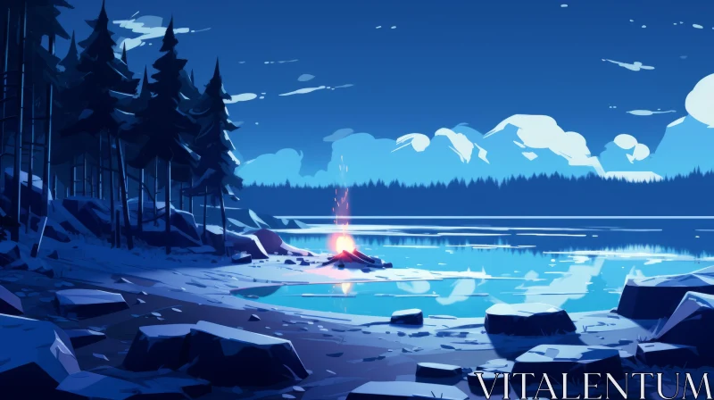 Captivating Nature Artwork: Serene Dark Night with River and Campfire AI Image