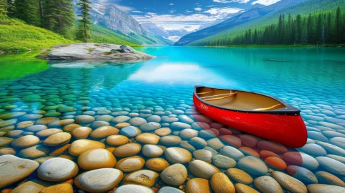 Captivating Red Canoe Floating in a Lake - Hyperrealistic Landscape