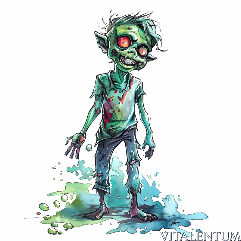 Cartoon Illustration of Zombie Boy in Green Slime AI Image