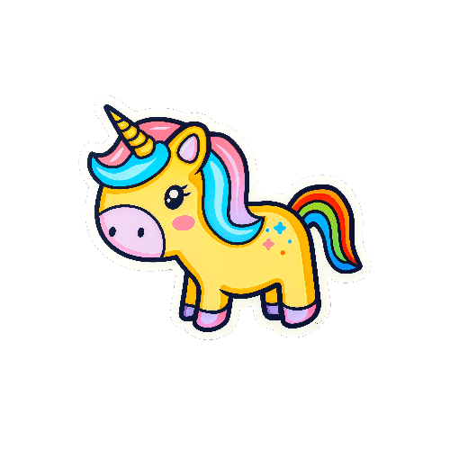 Cartoon Unicorn with Golden Horn and Rainbow Tail