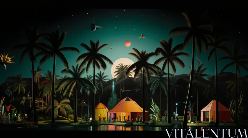 Colorful Tropical Nightscapes: Vintage Modernism Artwork AI Image