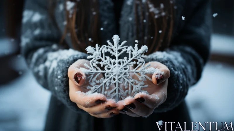 AI ART Delicate Winter Beauty: Hand Holding a Snowflake in Comfycore Style