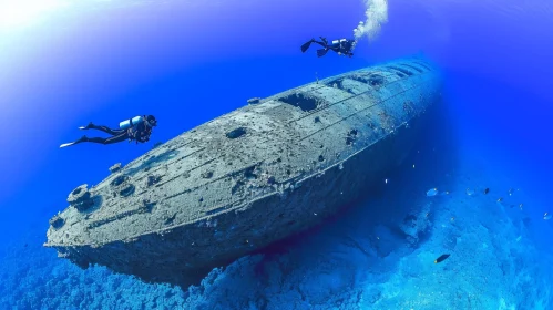 Divers Swimming Next to a Shipwreck: Captivating Underwater Art