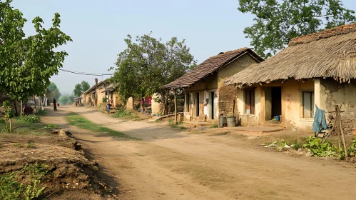 Quaint Village Houses Along Dirt Road