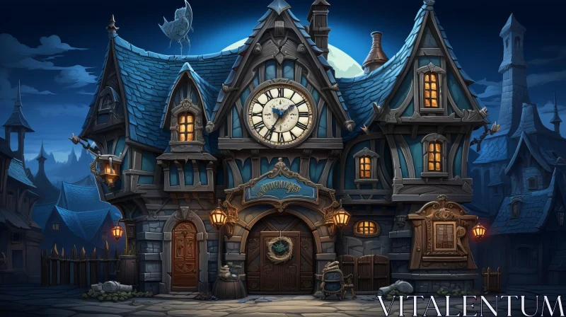 Fantasy House with Clock in Night Scene - Medieval Inspired Art AI Image