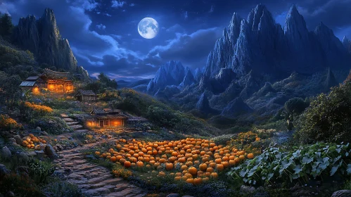 Moonlit Mountain Village with Pumpkin Patch