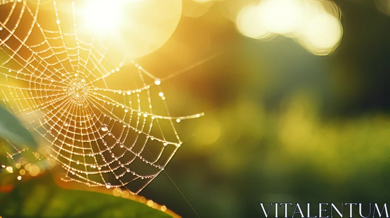 Golden Sunlight on Dewy Spider Web - Nature-Inspired Imagery AI Image