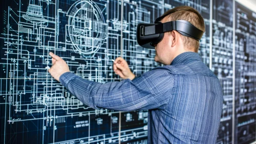 Immersive VR Experience: Engineer Examining Blueprints in Digital Office