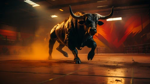 Intense Indoor Bull Run: A Powerful Depiction in Orange and Black