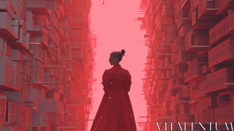 Red-Dressed Woman in Narrow Alley: Captivating Digital Painting AI Image