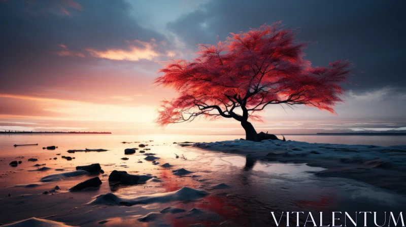 Stunning Sunset Landscape with Red Tree AI Image
