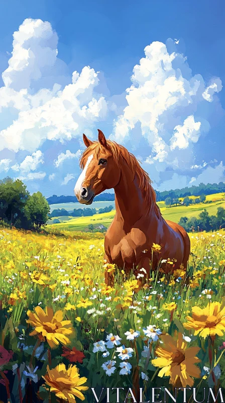 Chestnut Horse Amidst Wildflowers AI Image