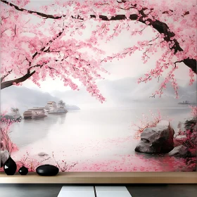 Misty Lake Framed by Pink Blossoms