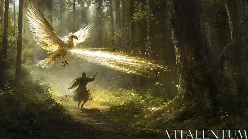 AI ART Golden Phoenix in Mystical Forest