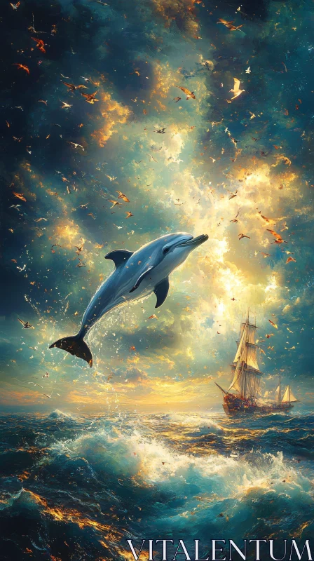 Dolphin and Ship under Golden Sky AI Image