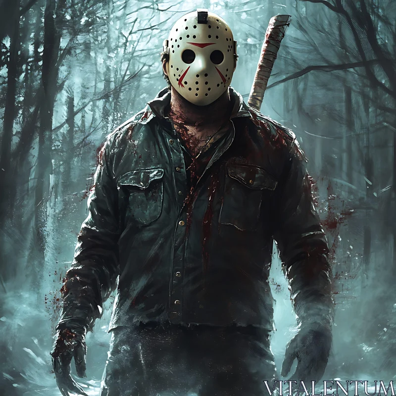 Masked Figure in Misty Woods AI Image