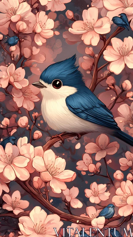 Artistic Bird and Blossom Illustration AI Image