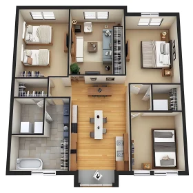 Apartment Layout Design with Three Bedrooms