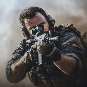 Intense Military Warrior with Firearm