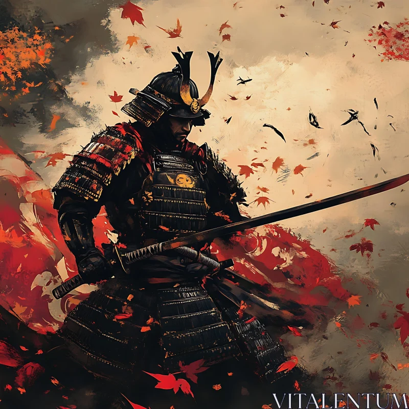 AI ART Samurai in Armor with Falling Leaves