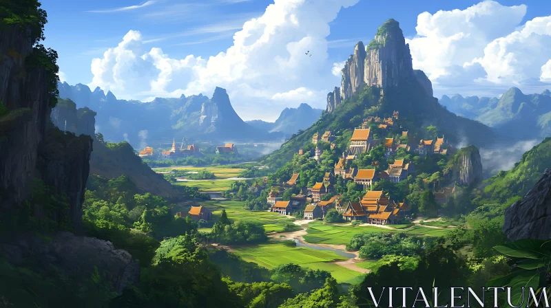 Picturesque Village in Mountainous Landscape AI Image