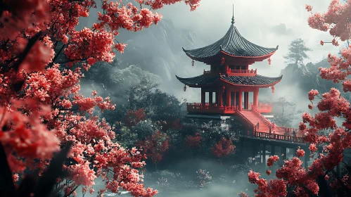 Asian Pagoda with Pink Blossoms