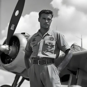 Monochrome Pilot Portrait Near Aircraft