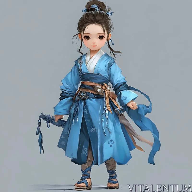 AI ART Charming Anime Girl in Blue Kimono