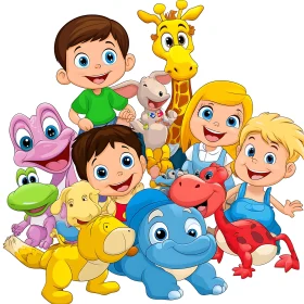 Cartoon Kids and Animal Toys