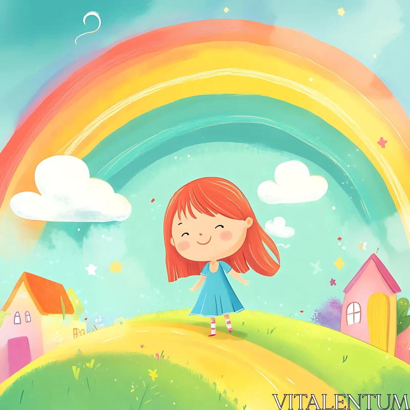 AI ART Cartoon Girl on Hill with Rainbow