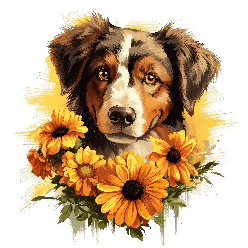 Australian Shepherd with Sunflower Cartoon Illustration POD Design